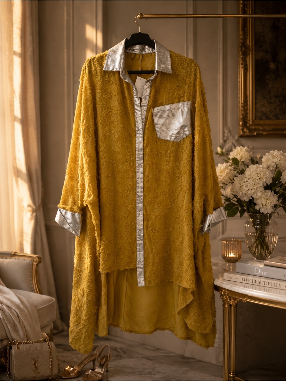Golden Mustard Plush Button-Front Shirt with Silver Trim